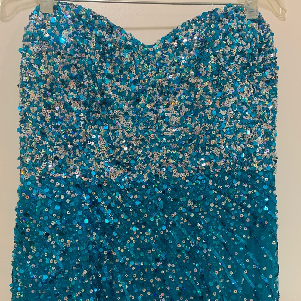 Blue strapless sequin prom dress